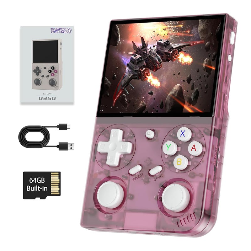 GiipGoop G350 Retro Handheld Game Console , G350 Retro Gaming Console 3.5'' IPS Screen Linux System Built-in 64G TF Card 20+Emulators Pre-Installed 4371 Games Retro Game Console with 3200mAh Battery Pink - Image 1